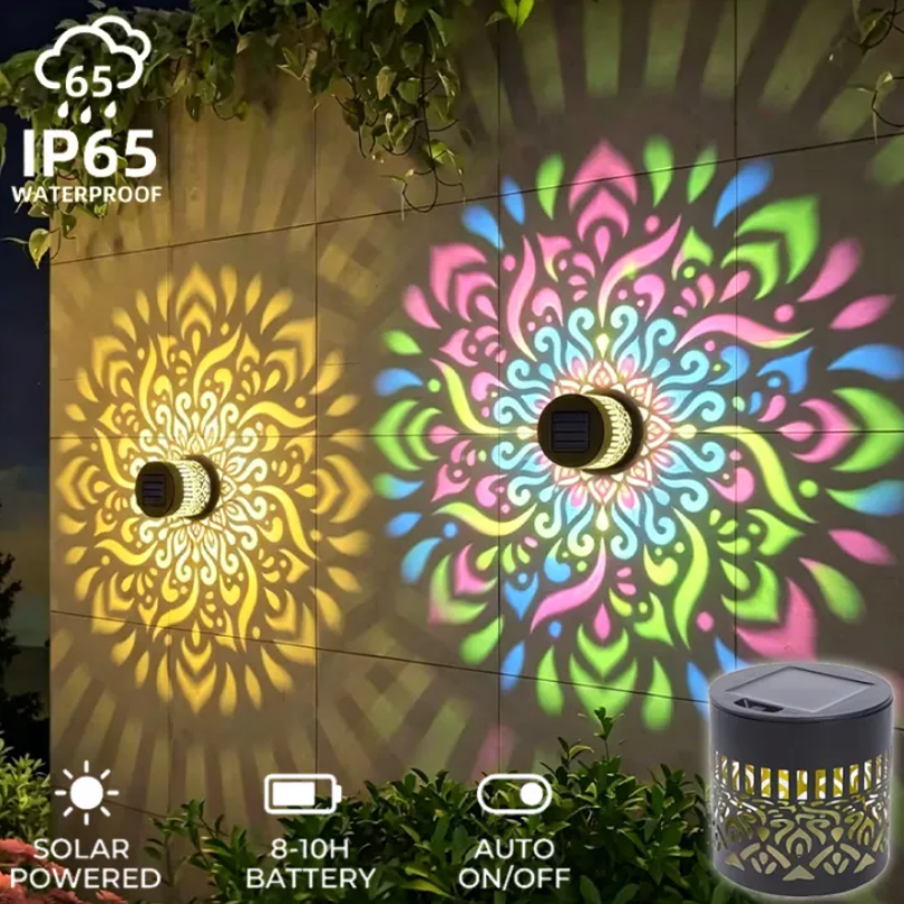 Solar-powered outdoor wall lights shown mounted on a wall at night, casting colorful mandala-like shadow patterns. The image includes text callouts for IP65 waterproof, solar powered, 8-10H battery, and auto on/off, plus a small product inset in the lower right.